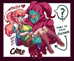  big_breasts carrying_partner castleart fully_clothed glasses hetero in_love interested mindy_(castleart) monster orange_hair sharp_teeth spanish_dialogue spanish_text tongue_out 