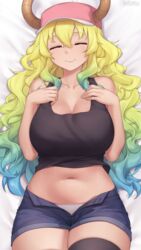  big_breasts cleavage closed_eyes curvy female huge_thighs iwbitu jean_shorts kobayashi-san_chi_no_maidragon looking_at_viewer lucoa milf navel quetzalcoatl_(dragon_maid) short_shorts shorts smile solo tank_top thick_thighs thighhighs unzipped unzipped_pants wide_hips 