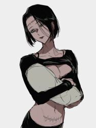  baby black_bra black_hair bob_cut bra breastfeeding breasts cleavage collarbone fallsoki female head_tilt jujutsu_kaisen lifting_own_clothes looking_down mole mole_on_collarbone scar scar_on_stomach stitches swaddled underwear yellow_eyes 