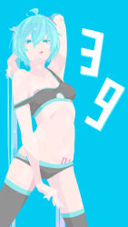  39 :q absurdres ahoge arm_behind_head armpits armup barcode barcode_tattoo black_bra black_panties black_thighhighs blue_eyes blue_hair bra breast_tattoo breasts closed_mouth commentary_request cowboy_shot female hair_between_eyes hara_id_21 hatsune_miku highres long_bangs long_hair looking_at_viewer miku_day navel no_lineart number_tattoo panties simple_background small_breasts smile solo stomach_tattoo strap_slip tattoo thighhighs tongue tongue_out twintails underwear underwear_only very_long_hair vocaloid 