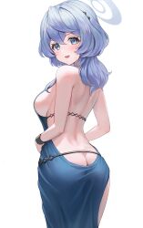  ako_(blue_archive) ako_(dress)_(blue_archive) ass back backless_dress backless_outfit blue_archive blue_dress blue_eyes blue_hair blue_halo blush breasts butt_crack cuffs dress female geomissword hair_between_eyes hairband halo highres large_breasts long_hair looking_at_viewer looking_back official_alternate_costume sideboob sideless_dress simple_background single_handcuff sleeveless sleeveless_dress solo 