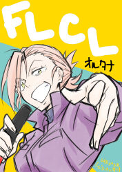  &gt;:) absurdres copyright_name female flcl flcl_alternative gotou_keisuke haruhara_haruko highres holding holding_microphone jacket looking_at_viewer microphone pointing pointing_at_viewer ponytail purple_jacket short_hair smile solo teeth two-tone_background upper_body v-shaped_eyebrows yellow_eyes 