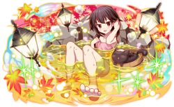  2girls anime_coloring artist_request autumn bare_arms bare_legs bare_shoulders barefoot bat_wings bathing black_cat black_hair black_tail blush breasts bucket buckle chomusuke closed_eyes collarbone crash_fever cross familiar feline foreshortening full_body game_cg hand_in_own_hair in_bucket in_container kono_subarashii_sekai_ni_shukufuku_wo! lantern leaf_on_liquid legs_apart light_particles looking_at_viewer medium_hair megumin multiple_girls naked_towel number_tattoo numbered official_art onsen open_mouth outline partially_submerged red_eyes red_outline rock sitting small_breasts smoke soles solo_focus sparkle square square_tattoo sweat sweatdrop tachi-e tail_tattoo tattoo third-party_source toenails tongue towel towel_hold transparent_background triangle_mouth water wings 