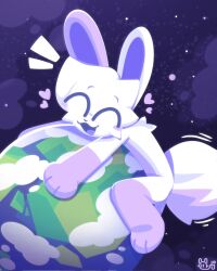  2024 anthro artifyber biped female fur happy hi_res hug lagomorph leporid macro mammal planet purple_feet purple_hand rabbit slim_anthro slim_female solo white_body white_fur 