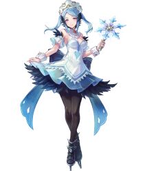  aqua_eyes bare_shoulders black_feathers black_footwear black_leggings blue_eyes breasts cleavage clothes_lift dress dress_lift feather_trim feathers female fire_emblem fire_emblem_fates fire_emblem_heroes flora_(fire_emblem) flora_(ice)_(fire_emblem) highres ice_skates leggings looking_at_viewer medium_breasts non-web_source official_alternate_costume official_art skates smile solo tachi-e twintails white_dress 