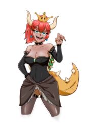  absurdres angel_glitch armlet bare_shoulders black_collar black_leotard black_skirt black_thighhighs blue_eyes bowser_peach bowsette bowsette_(cosplay) bracelet breasts cleavage collar commentary cosplay cowboy_shot cropped_legs dark-skinned_female dark_skin detached_sleeves earrings female highres jewelry large_breasts leotard mario_(series) new_super_mario_bros._u_deluxe open_mouth pointy_ears ponytail prototype_design red_hair sharp_teeth skirt smile solo spiked_armlet spiked_bracelet spiked_collar spiked_shell spiked_tail spiked_thighlet spikes strapless strapless_leotard super_crown super_mario_odyssey tail teeth thighhighs turtle_shell 