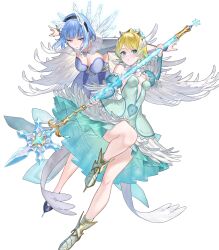  2girls attack backless_dress backless_outfit bare_legs bare_shoulders blonde_hair blue_eyes blue_hair breasts cape cleavage covered_navel dress feather_cape feather_trim fire_emblem fire_emblem_heroes fjorm_(fire_emblem) fjorm_(ice_tribe)_(fire_emblem) highres holding holding_polearm holding_weapon ice_horns ice_skates lance medium_breasts multiple_girls nifl_(fire_emblem) nifl_(ice_tribe)_(fire_emblem) non-web_source official_alternate_costume official_art parted_lips polearm short_hair skates small_breasts tiara weapon white_cape 