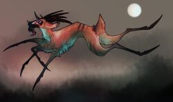  2018 6_legs ambiguous_gender digital_media_(artwork) feral full_moon fur green_body green_fur hi_res horn moon multi_eye multi_leg multi_limb nude red_body red_fur side_view smoke solo species_request tail tinyartgoblin 