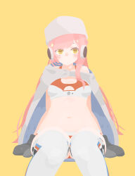  cape closed_mouth commentary_request expressionless feet_out_of_frame female fur_hat grey_cape grey_mittens hara_id_21 hat headphones highres invisible_chair long_hair looking_at_viewer medium_bangs mittens navel no_lineart orange_sports_bra panties pink_hair polya_moskovskiy simple_background sitting solo sports_bra station_memories thighhighs two-tone_sports_bra underwear ushanka very_long_hair white_hat white_panties white_sports_bra white_thighhighs yellow_background yellow_eyes 