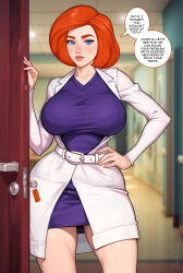  absurdres ange1witch ann_possible belt blue_eyes blurry blurry_background breasts coat depth_of_field doorway dress english_text female hand_on_own_hip highres kim_possible_(series) lab_coat large_breasts long_coat looking_at_viewer narrow_waist open_door orange_hair purple_dress short_dress short_hair solo speech_bubble white_belt white_coat 