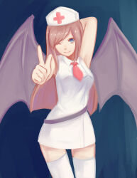  absurdres arm_behind_head bad_id bad_pixiv_id blue_eyes brown_hair castlevania:_portrait_of_ruin castlevania_(series) charlotte_aulin cross demon_girl demon_wings female hat highres long_hair looking_at_viewer necktie nurse nurse_cap one_eye_closed red_cross red_necktie ryuuno6 smile thighhighs white_thighhighs wings 