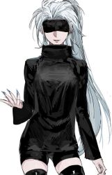  black_blindfold black_leggings black_shirt black_shorts blindfold blue_nails breasts fallsoki female genderswap_(mtf) gojou_satoru hand_up jujutsu_kaisen leggings long_hair rule_63 shirt shorts thighs white_hair 