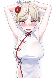  absurdres armpits arms_up blonde_hair blue_archive blush breasts china_dress chinese_clothes covered_navel dress female flower gloves hair_flower hair_ornament highres kiritto large_breasts looking_at_viewer marina_(blue_archive) marina_(qipao)_(blue_archive) open_mouth red_flower short_hair simple_background sleeveless sleeveless_dress sweat white_background white_dress white_gloves yellow_eyes 