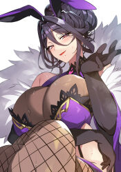  absurdres animal_ears arm_under_breasts bare_shoulders black_gloves black_hair blush breasts bunnystein_fantasy cleavage elbow_gloves fake_animal_ears feather_boa female fishnet_thighhighs fishnets fur_trim garter_straps gloves gold_trim hair_bun hand_up highres large_breasts leotard lips looking_at_viewer makeup mature_female mizuki_(senri_gan) mole mole_under_mouth original playboy_bunny purple_leotard rabbit_ears red_eyes red_lips revealing_clothes seductive_smile see-through senri_gan short_hair simple_background smile solo sweat sweatdrop thighhighs tight_clothes turtleneck white_background 