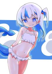  &gt;:) absurdres alternate_costume arms_behind_back b_j_blazkowicz bikini bikini_skirt blue_eyes blue_hair bright_pupils cloud_background female fins fish_tail flat_chest frilled_bikini frilled_bikini_bottom frilled_bikini_top frills gawr_gura hair_ornament highres hololive hololive_english looking_at_viewer medium_hair multicolored_hair navel no_nose oerba_yun_fang one_side_up shark_girl shark_hair_ornament shark_tail skin_fang solo streaked_hair swimsuit tail v-shaped_eyebrows virtual_youtuber white_bikini white_hair white_pupils 