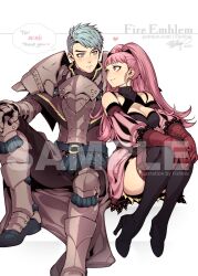  1boy armor armored_boots artist_name bare_shoulders black_pants blue_eyes blue_hair blush boots breastplate breasts caspar_von_bergliez cleavage cleavage_cutout closed_mouth clothing_cutout commentary commission copyright_name couple dated detached_sleeves dress earrings english_commentary english_text eyelashes female fire_emblem fire_emblem:_three_houses fishine foot_out_of_frame full_body gauntlets gloves halter_dress halterneck hands_on_own_knees heart high_heel_boots high_heels hilda_valentine_goneril hoop_earrings jewelry large_breasts legs_together light_blue_hair long_hair looking_at_another mixed-language_commentary pants patreon_username pink_dress pink_eyes pink_hair ponytail puffy_sleeves red_gloves revision sample_watermark short_dress short_hair side-by-side signature simple_background sitting smile speech_bubble spiked_hair straight swept_bangs thigh_boots thighs watermark web_address white_background 