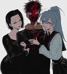  1boy 2girls arm_hug black_hair blood blood_on_clothes blood_on_face blue_hair fallsoki hand_on_another&#039;s_chest hand_on_another&#039;s_shoulder head_on_another&#039;s_shoulder itadori_kaori jujutsu_kaisen kenjaku light_blue_hair mahito_(jujutsu_kaisen) multiple_girls school_uniform shaded_face stitches 