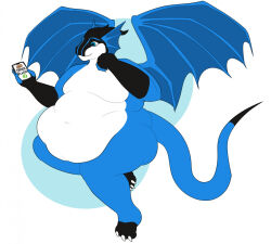  2021 3_toes 5_fingers anthro aquatic_dragon belly bent_arm bent_legs big_belly black_body black_scales black_tail_tip blue_body blue_ears blue_eyes blue_scales blue_tail blue_wings cellphone clawed_fingers claws closed_smile digital_drawing_(artwork) digital_media_(artwork) dipstick_tail dragon ear_frill electronics english_text european_mythology feet fingers flair_drakeyus flat_colors frill_(anatomy) holding_cellphone holding_object holding_phone long_tail looking_at_cellphone looking_at_object looking_at_phone male marine markings membrane_(anatomy) membranous_wings moobs mouth_closed multicolored_body multicolored_scales mythological_creature mythological_scalie mythology navel nude_anthro nude_male obese obese_anthro obese_male overweight overweight_anthro overweight_male phone scales scalie simple_background sitting smile solo tail tail_markings text theannoyingnpc thick_thighs toe_claws toes western_dragon white_background white_body white_claws white_scales wings 