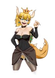  absurdres angel_glitch armlet bare_shoulders black_collar black_leotard black_skirt black_thighhighs blonde_hair blue_eyes bowsette bracelet breasts cleavage collar commentary cowboy_shot cropped_legs detached_sleeves earrings female highres jewelry large_breasts leotard mario_(series) new_super_mario_bros._u_deluxe open_mouth pointy_ears ponytail sharp_teeth skirt smile solo spiked_armlet spiked_bracelet spiked_collar spiked_shell spiked_tail spiked_thighlet spikes strapless strapless_leotard super_crown tail teeth thighhighs turtle_shell 