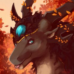  1:1 2023 4_horns artist_name autumn blue_eyes brown_body brown_fur brown_hair brown_sky closed_smile colored digital_drawing_(artwork) digital_media_(artwork) dragon feral forehead_gem fur furred_dragon furred_scalie gem grey_horn hagalazka hair hi_res horn icon leaf leaf_on_head light lighting male male_feral maynard_(mioulgaw) mouth_closed multi_horn mythological_creature mythological_scalie mythology orange_leaves outside pink_tongue sapphire_(gem) scalie shaded sky smile solo text tongue tongue_out 