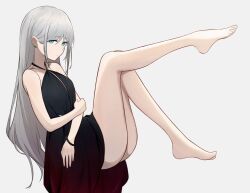  an-94_(girls&#039;_frontline) an-94_(silent_rouge)_(girls&#039;_frontline) ass bare_legs barefoot black_dress blue_eyes bracelet breasts dress evening_gown female full_body girls&#039;_frontline gradient_clothes gradient_dress grey_hair halter_dress halterneck highres jewelry knees_together_feet_apart knees_up leg_up legs long_hair looking_at_viewer official_alternate_costume sharp-pig simple_background sitting small_breasts solo toes 