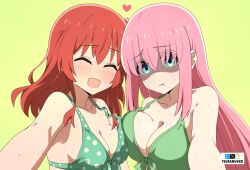  2girls bikini blue_eyes bocchi_the_rock! breast_press breasts closed_eyes fanbox_logo gotoh_hitori green_background green_bikini heart kita_ikuyo large_breasts long_hair medium_breasts multiple_girls open_mouth outstretched_arm pink_hair pixiv_logo polka_dot polka_dot_bikini pout red_hair selfie sweat swimsuit symmetrical_docking tsuranukko twitter_x_logo 