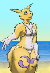  absurd_res anthro arm_tuft bandai_namco beach belly_fluff bikini bikini_bottom bikini_top breasts butt_fluff clothed clothing digimon digimon_(species) elbow_tuft female fluffy fluffy_tail hi_res neck_tuft renamon small_breasts solo swimwear tail trichternet tuft two-piece_swimsuit 