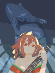  alternate_costume alternate_hair_color blonde_hair closed_mouth commentary_request drill_hair expressionless female fish from_below grey_background guitar hair_between_eyes hara_id_21 highres instrument japanese_clothes kasane_teto kimono looking_at_viewer medium_bangs medium_hair no_lineart off_shoulder red_eyes red_kimono solo twin_drills upper_body utau 