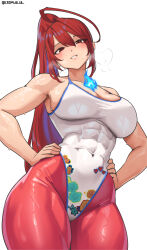  abs bare_arms bare_shoulders blush commission cowboy_shot cromwellb elizabeth_rose_bloodflame female hands_on_own_hips highleg highleg_leotard highres hololive hololive_english leotard long_hair looking_at_viewer muscular muscular_female parted_lips pixiv_commission ponytail red_eyes red_hair simple_background smile solo sweat twitter_username white_background white_leotard 