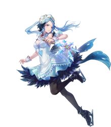  aqua_eyes attack bare_shoulders black_feathers black_footwear black_leggings blue_eyes breasts cleavage dress feather_trim feathers female fire_emblem fire_emblem_fates fire_emblem_heroes flora_(fire_emblem) flora_(ice)_(fire_emblem) highres ice_skates leggings medium_breasts non-web_source official_alternate_costume official_art skates solo twintails v-shaped_eyebrows white_dress 