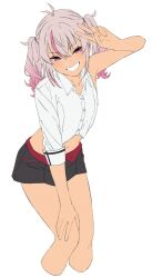  akitetsu black_shorts blush female hand_on_own_thigh highres looking_at_viewer matsukai_mao midriff nijisanji pink_eyes pink_hair shirt shorts simple_background single_bare_shoulder single_sleeve smile solo twintails v white_background white_shirt 