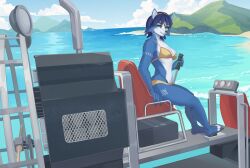  2024 accessory airboat anthro arm_tuft beach bikini blue_body blue_eyes blue_fur blue_hair boat breasts canid canine cheek_tuft circlet clothing collarbone drkot eyebrows eyelashes facial_tuft feet female fox fur hair hair_accessory hairband hi_res inner_ear_fluff krystal_(star_fox) looking_at_viewer mammal markings medium_breasts nintendo outside plantigrade shoulder_tuft sitting smile solo star_fox swimwear tuft two-piece_swimsuit vehicle watercraft white_body white_fur yellow_bikini yellow_clothing yellow_swimwear 