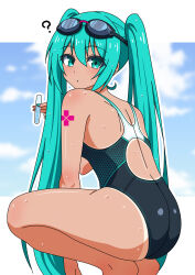  ? absurdres aqua_eyes aqua_hair aqua_nails ass black_one-piece_swimsuit blue_sky cloud commentary_request competition_swimsuit feet_out_of_frame female from_behind goggles goggles_on_head hatsune_miku highres lifeguard multicolored_clothes multicolored_swimsuit one-piece_swimsuit sky solo squatting swimsuit tan tanlines tattoo twintails vocaloid yurizuku_owl 