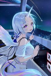  :d absurdres ayatsuno_yuni bare_shoulders blue_ribbon blush braid breasts character_name city_lights clothes_writing commentary cowboy_shot crop_top cross-shaped_pupils feathered_wings female from_side grey_hair grey_pants grey_shirt hair_ribbon highres horns index_finger_raised indoors iridescent_hair large_breasts long_hair looking_at_viewer looking_to_the_side low_twin_braids night night_sky off-shoulder_shirt off_shoulder open_mouth pants parted_bangs puckjjick_(belbesi19) purple_eyes reflection ribbon ribbon_braid shirt shooting_star short_sleeves sideways_glance sign single_horn sky smile solo star_(sky) starry_sky stellive symbol-shaped_pupils thick_eyelashes turning_head twin_braids unicorn_girl unicorn_horn very_long_hair virtual_youtuber white_horns white_wings wings 