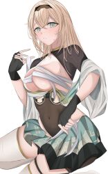  blonde_hair blush breasts chest_sarashi female fingerless_gloves gloves h0tarukaki highres hololive holox japanese_clothes kazama_iroha kazama_iroha_(1st_costume) long_hair looking_at_viewer sarashi skirt undone_sarashi 