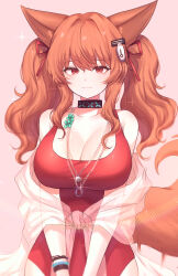  angelina_(arknights) angelina_(summer_flower)_(arknights) animal_ears arknights black_collar breasts brown_hair casual_one-piece_swimsuit cleavage closed_mouth collar collarbone cowboy_shot earpiece female fox_ears fox_girl fox_tail hair_ornament hair_ribbon hairclip heart highres huge_breasts hyeroin infection_monitor_(arknights) jewelry long_hair looking_at_viewer necklace official_alternate_costume one-piece_swimsuit parted_lips pink_background red_eyes red_ribbon revision ribbon sarong simple_background smile solo standing swimsuit tail twintails white_sarong 