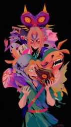  1boy arms_up bandages belt belt_buckle black_background black_eyes blonde_hair blue_eyes buckle chest_belt commentary covered_mouth dual_persona english_commentary facial_mark fierce_deity goron great_fairy_(zelda) green_tunic half_mask highres link looking_at_viewer looking_to_the_side majora&#039;s_incarnation mask multiple_belts no_pupils oerba_yun_fang open_mouth parted_bangs pink_lips purple_hair red_belt red_eyes short_sleeves simple_background spearmintaii teeth the_legend_of_zelda the_legend_of_zelda:_majora&#039;s_mask tunic twitter_username white_eyes yellow_eyes young_link zora 