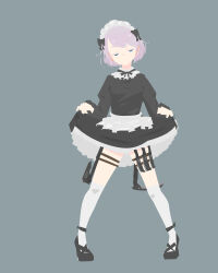  alternate_costume apron black_bow black_dress black_footwear blue_eyes bow closed_mouth commentary_request curtsey dress enmaided expressionless frilled_apron frills full_body grey_background grey_hair grey_socks hairbow half-closed_eyes hara_id_21 headphones highres holster kama_(weapon) long_sleeves looking_at_viewer maid maid_headdress medium_bangs morohoshi_subaru no_lineart pigeon-toed shoes short_hair sickle simple_background socks solo station_memories thigh_holster tomahawk waist_apron white_apron 