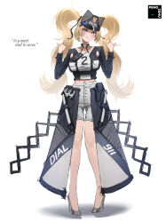  :q \m/ alternate_costume azur_lane black_choker black_shirt blonde_hair breast_pocket breasts choker double_\m/ female full_body grey_footwear grey_shorts guam_(azur_lane) hat high_heels highres large_breasts long_hair long_sleeves midriff_peek number_print peaked_cap pengzshu pocket shirt shoes shorts simple_background solo star-shaped_pupils star_(symbol) symbol-shaped_pupils tongue tongue_out twintails two-tone_shirt very_long_hair walkie-talkie white_background 