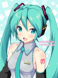  anniversary blue_eyes blue_hair blush character_name collared_shirt commentary detached_sleeves f_1chan female hair_ornament hatsune_miku headphones headset long_hair looking_at_viewer necktie open_mouth shirt skin_tight sleeveless sleeveless_shirt smile solo twintails upper_body vocaloid 