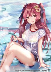  black_ribbon bra female hair_ornament hair_ribbon holding holding_hose hose jouizumi_masamune looking_at_viewer personification pisuke red_hair ribbon see-through see-through_shirt shirt shorts sitting tenka_hyakken underwear wet wet_clothes wet_shirt white_shirt yellow_bra 