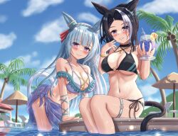  2girls alternate_costume animal_ears black_hair blue_hair braid breasts commentary_request crown_braid fingernails highres horse_ears horse_tail jewelry long_hair looking_at_viewer medium_breasts medium_hair mejiro_ardan_(umamusume) mejiro_ramonu_(umamusume) multiple_girls necklace palm_tree pool rio_(lio_yuzu) siblings sisters sitting sky smile tail tree umamusume wet 