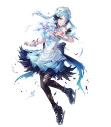  aqua_eyes bare_shoulders black_feathers black_footwear black_leggings blue_eyes breasts cleavage damaged dress feather_trim feathers female fire_emblem fire_emblem_fates fire_emblem_heroes flora_(fire_emblem) flora_(ice)_(fire_emblem) highres ice_skates leggings medium_breasts non-web_source official_alternate_costume official_art one_eye_closed skates solo torn_clothes torn_dress torn_leggings twintails white_dress wrist_cuffs 