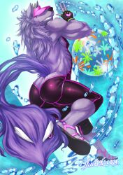  alternate_version_at_source anthro ass ball bathym_(tas) beach_ball butt_pose canid canine canis clothing demon fingerless_gloves fluffy fluffy_tail footwear fur gloves hair handwear hat headgear headwear horn inflatable lifewonders living_tail looking_back male mammal mane mane_hair muscular muscular_male pose purple_body purple_fur rear_view sandals shoes smile solo tail tight_clothing tokyo_afterschool_summoners unusual_anatomy unusual_tail visor_cap water wetsuit wolf yadokami yadokamio 