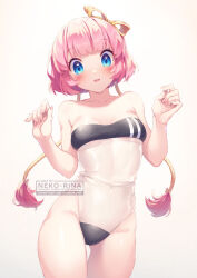  blue_eyes blush bow breasts female gris_swimsuit hairbow leotard medium_breasts medium_hair meme_attire neko-rina open_mouth original pink_hair pink_nails solo strapless strapless_leotard yellow_bow 