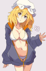  :o bikini commentary_request cowboy_shot female grey_background hat highres hood hood_down hoodie jack_(wkm74959) long_sleeves maribel_hearn medium_hair midriff mob_cap navel one-hour_drawing_challenge purple_eyes purple_hoodie simple_background sleeves_past_wrists solo swimsuit touhou unzipped white_bikini yellow_hoodie 