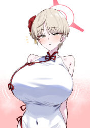  absurdres arms_behind_back bare_shoulders blonde_hair blue_archive breasts china_dress chinese_clothes dress female flower hair_flower hair_ornament halo highres huge_breasts looking_at_viewer marina_(blue_archive) marina_(qipao)_(blue_archive) official_alternate_costume red_halo short_hair skyberryito sleeveless sleeveless_dress solo white_dress yellow_eyes 