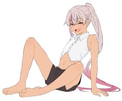  akitetsu black_shorts blush female leaning_back looking_at_viewer matsukai_mao midriff navel nijisanji open_mouth pink_eyes pink_hair shirt shorts simple_background single_bare_shoulder single_sleeve sitting solo white_background white_shirt 