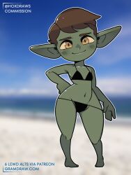  2023 absurd_res big_ears bikini bikini_bottom bikini_top black_bikini black_bikini_bottom black_bikini_top black_clothing black_swimwear blurred_background brown_eyebrows brown_hair clothing digital_media_(artwork) eyebrows femboy fingers full-length_portrait goblin gramdraw green_body green_ears green_face green_skin hair hand_on_hip hi_res hox_(hoxdraws) humanoid humanoid_pointy_ears long_ears looking_at_viewer male mouth_closed navel portrait smile solo swimwear text two-piece_swimsuit url 