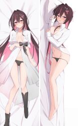  absurdres azki_(4th_costume)_(hololive) azki_(hololive) barefoot black_footwear black_hair breasts choumei_(qca012005) dakimakura_(medium) highres hololive light_smile lying medium_breasts multicolored_hair navel on_back on_side open_clothes open_shirt panties pink_hair purple_eyes shirt streaked_hair underwear virtual_youtuber white_shirt 